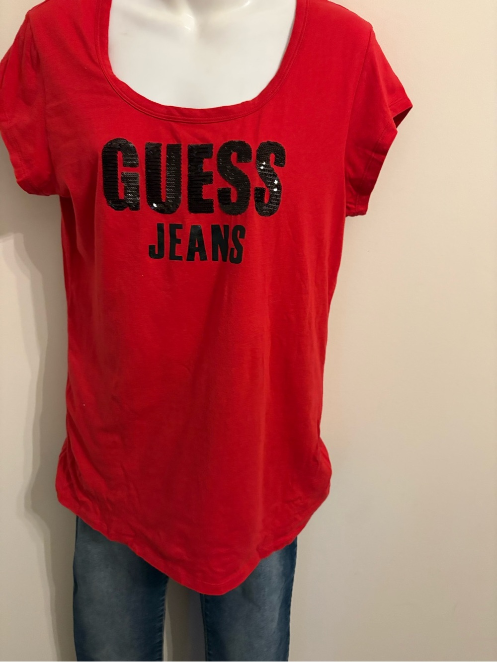 GUESS Red Scoop Neck Logo Tee